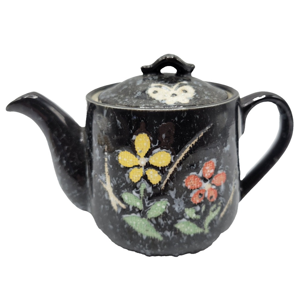 Vintage Tea Pot with Moriage Raised Floral Dot Design Japan Black Blue Speckled